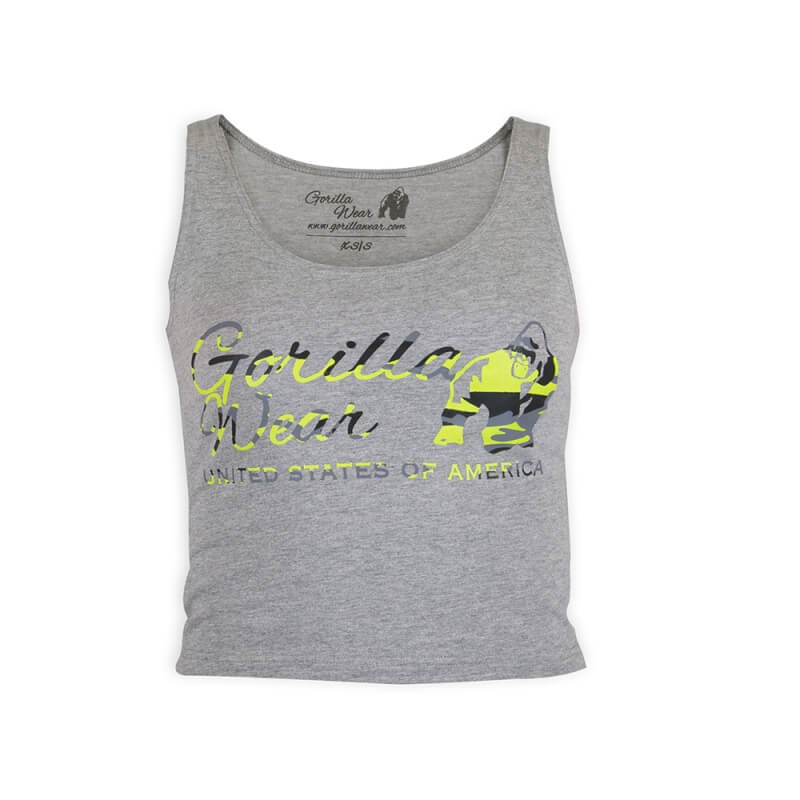 Sjekke Oakland Crop Tank, grey/neon lime camo, Gorilla Wear hos SportGymButikken