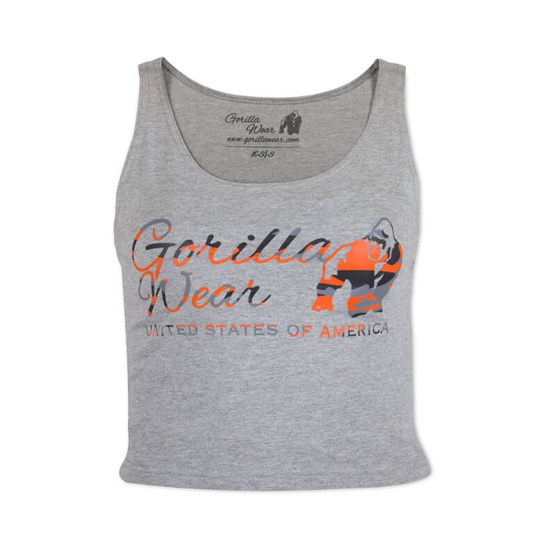 Sjekke Oakland Crop Tank, grey/neon orange camo, Gorilla Wear hos SportGymButikk