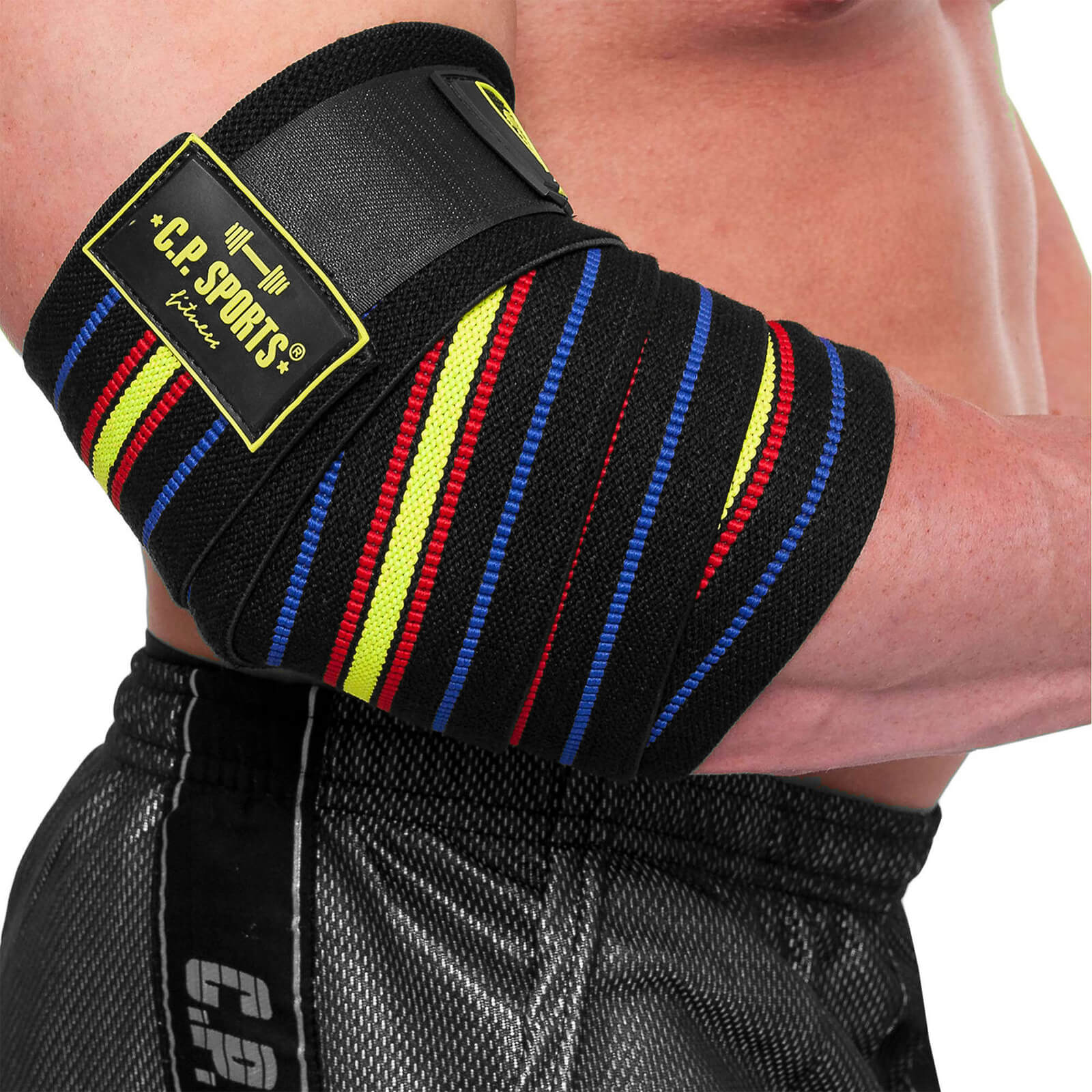 Sjekke Elbow Wraps Pro, black/blue/red/yellow, C.P. Sports hos SportGymButikken.