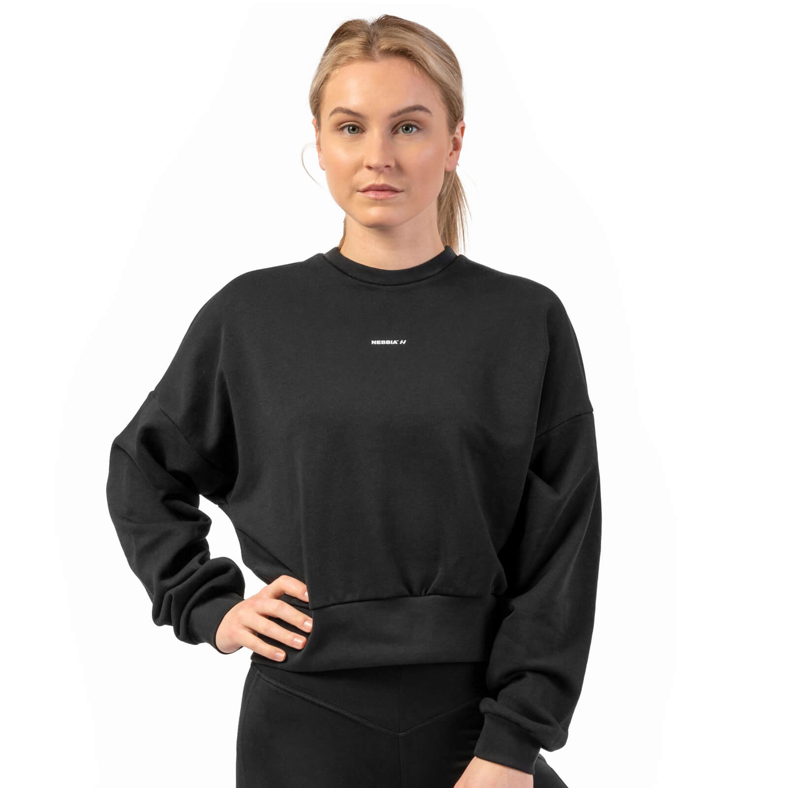 Sjekke Loose Fit Sweatshirt ''Feeling Good'', black, Nebbia hos SportGymButikken.no
