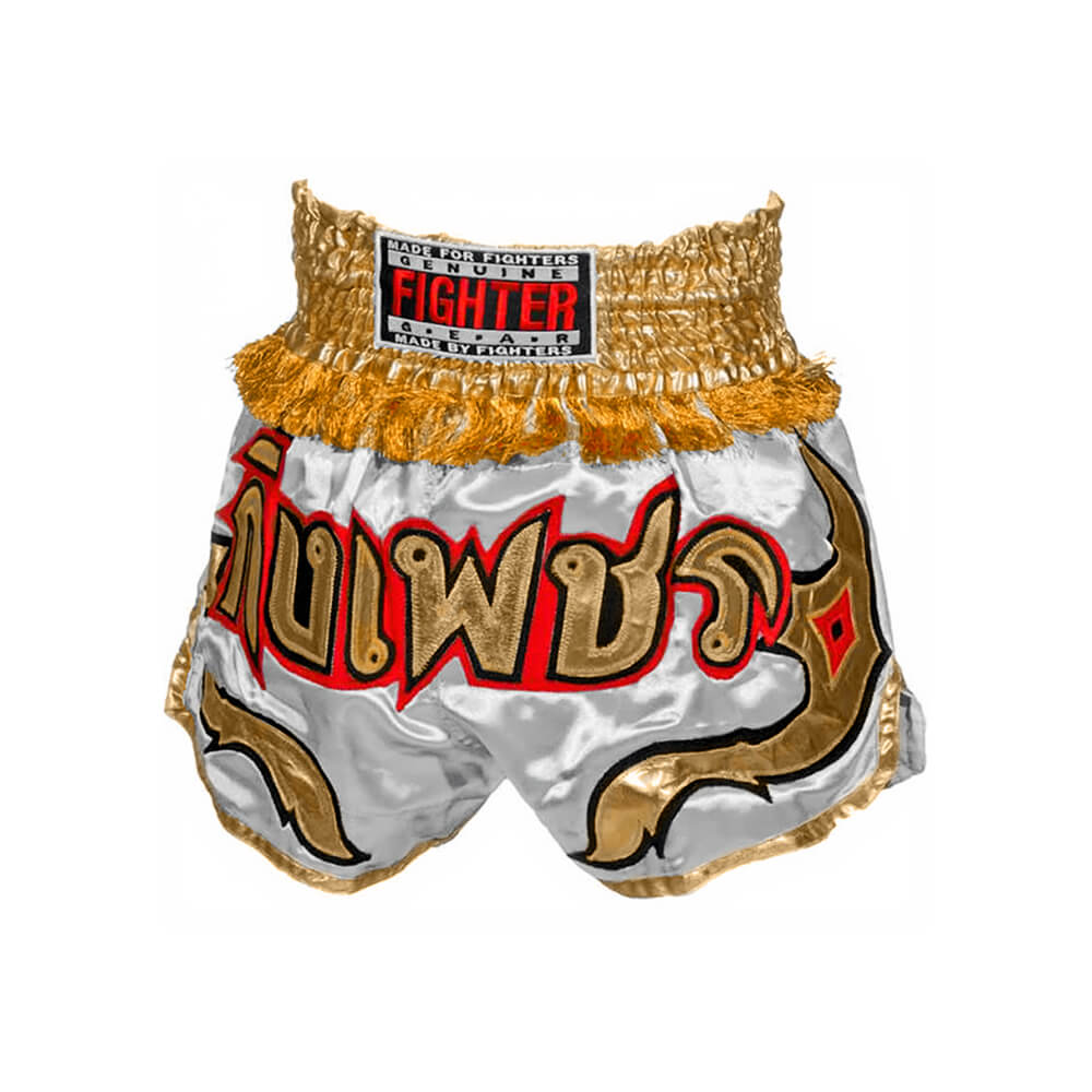 Sjekke Thai Shorts, grey/gold, Fighter hos SportGymButikken.no