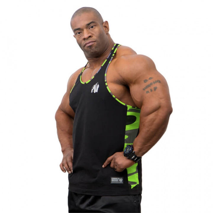 Sjekke Sacramento Camo Mesh Tank Top, black/neon lime, Gorilla Wear hos SportGym