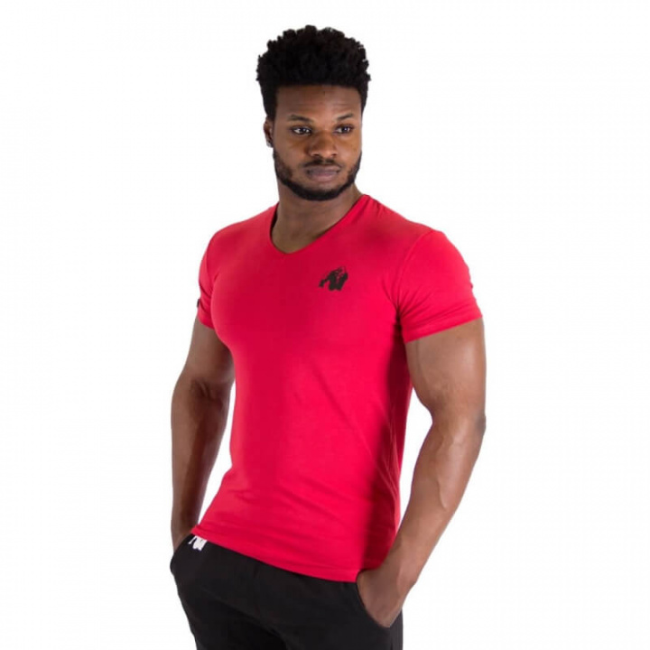 Sjekke Essential V-Neck Tee, red, Gorilla Wear hos SportGymButikken.no