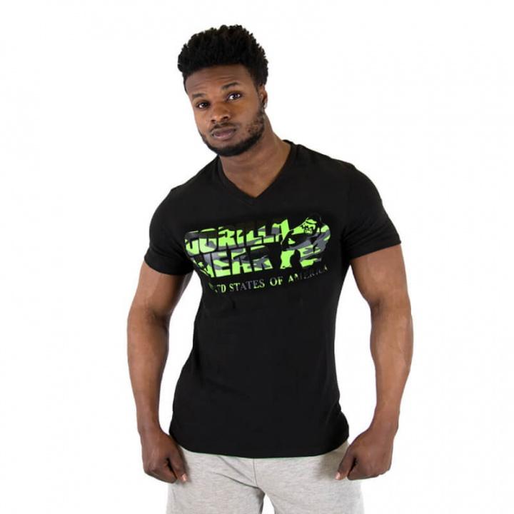 Sjekke Sacramento V-Neck T-Shirt, black/lime, Gorilla Wear hos SportGymButikken.