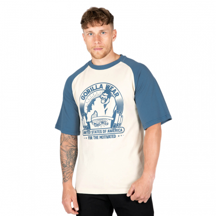 Sjekke Logan Oversized T-Shirt, beige/blue, Gorilla Wear hos SportGymButikken.no