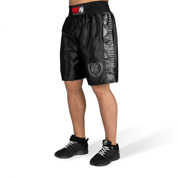 Sjekke Vaiden Boxing Shorts, black/grey camo, Gorilla Wear hos SportGymButikken.