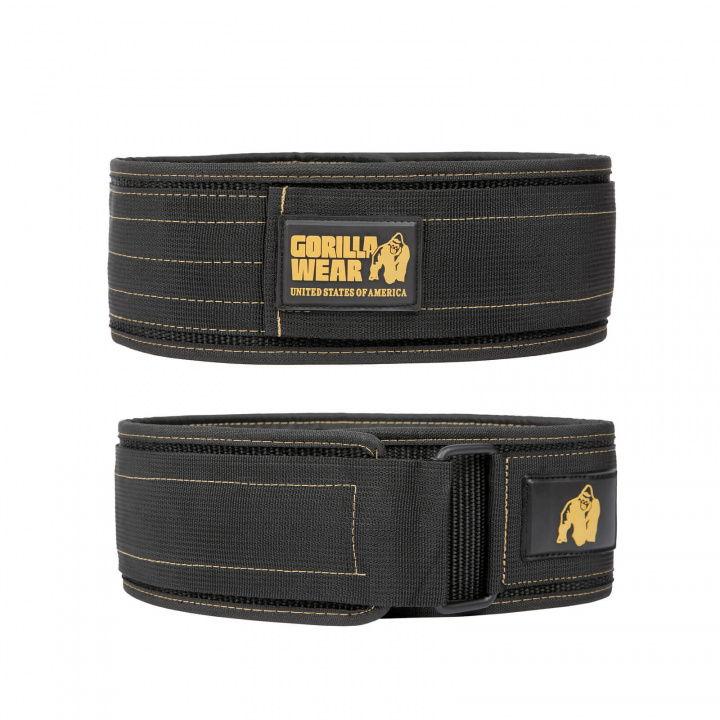 Sjekke 4 Inch Nylon Belt, black/gold, Gorilla Wear hos SportGymButikken.no