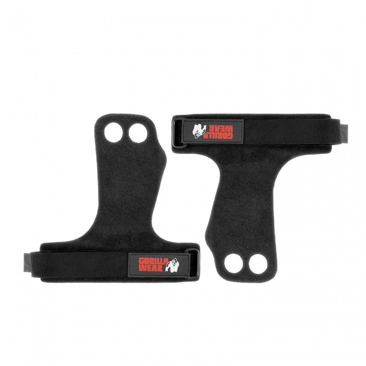 Sjekke 2-Hole Leather Lifting Grips, black, Gorilla Wear hos SportGymButikken.no
